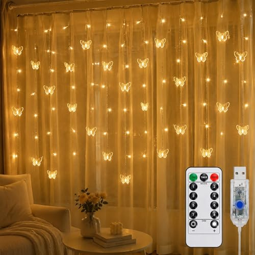 Kaleora Lichtervorhang Schmetterling, 4M 96 LED Lichterkette Vorhang Innen, USB 8 Modi Lichterketten mit Fernbedienung Timer für Schlafzimmer Frühling Hochzeit Party Deko, Warmweiß