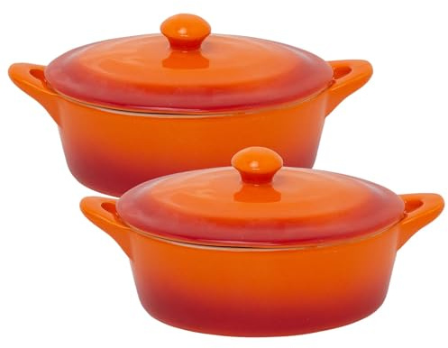 Set of 2 Small Orange Stoneware Casserole Dishes with Lids, 600ml Orange Ombre Oval Oven Baking Dishes with Double Handles