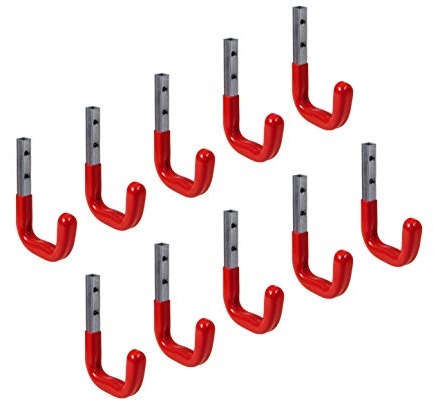 Gedotec Wandhaken Garage mit Gummierung rot Metall-Haken Werkstatt für Wand-Montage | Schwerlast-Gerätehalter 80 x 120 mm | Tragkraft 45 kg | Haken für Garten-Geräte | 12 Stück - Montagehaken-Set