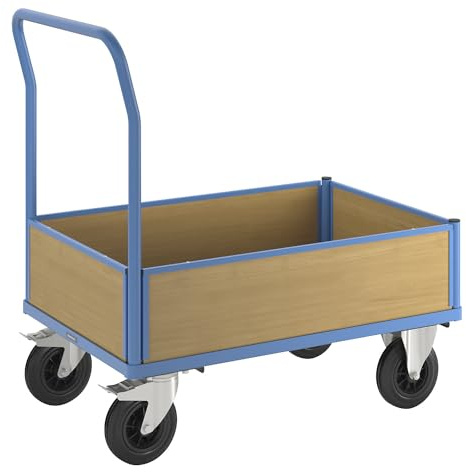 eurokraft pro | Plattformwagen mit Holzwänden | Mit 4 halbhohen Wänden, LxB 1050 x 700 mm, Vollgummi