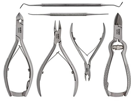 Rhein Instrumente Podologie-Set 6-teilig – Edelstahl-Set – bestehend aus 3x Nagelschneider – 1x Skinnipper – 1x Seitenschneider – 2x Nagelfeilen – für eine professionelle Behandlung im Nagelstudio