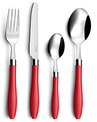 Amefa REGLISSE Besteck, Tafelbesteck für 4 Personen, runde Kunststoffgriffe, rostfreier Edelstahl, rot, 16-teilig