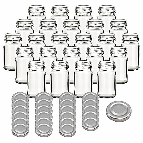 gouveo 24er Set Einmachgläser 65 ml Mini mit Schraubverschluss silberfarben - Kleine Schraubgläser mit Twist-Off-Deckel - Runde Gläser für Marmelade, Gewürze