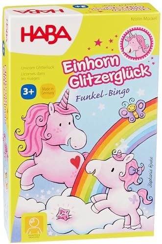 HABA 303647 - Einhorn Glitzerglück – Funkel-Bingo, Bingospiel mit Einhornmotiven und Funkelkristallen, Spiel ab 3 Jahren, Rosa