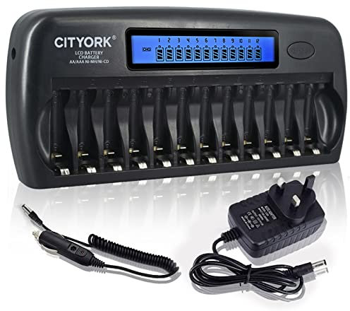 CITYORK 12 Bays Smart Battery Charger, AA, AAA, Ni-MH, Ni-CD Rechargeable Batteries Charger with Intelligent LCD Display, Build-in IC Protection
