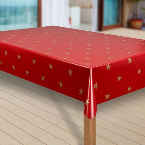 laro Wachstuch-Tischdecke Sterne Weihnachten Weihnachts-Motive PVC Wachstischdecke Eckig Meterware Wasserabweisend Abwischbar GAL, Muster:Sterne rot-Gold, Größe:140x180 cm