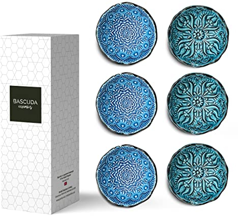 Bascuda Small Ceramic Dip Bowls Set of 6 – Iznik Series | Aegean Whirl – 8cm – Hand-Embossed Motifs | Small Ramekins for Dips, Sauces, Condiments – Dishwasher Safe – Stylish Tableware for Kitchen