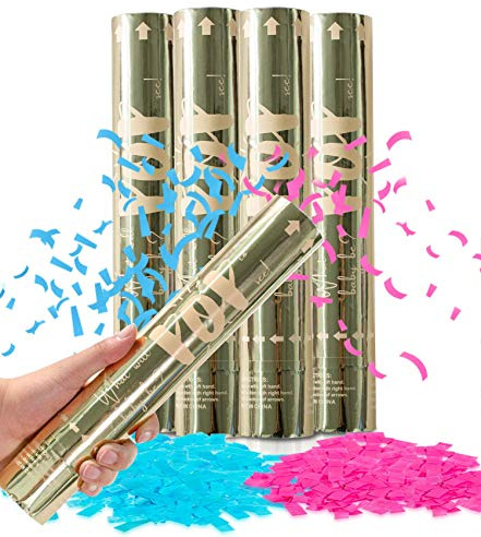 Revealations Gender Reveal - Juego de 4 cañones de confeti (2 rosas, 2 azules) suministros de fiesta de revelación de género - 100% tejido biodegradable
