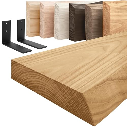 LAMO Manufaktur Holzregal mit schwarzen L-förmigen Halterungen | Wand Regal 140 cm breit für Badezimmer, Flur, Küche im Industrial-Stil | Farbe: Rustikal, Kante: natürlich | Massivholz