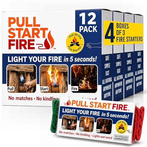 Pull Start Fire Pull String Firestarter | No Matches Required, Fire Starts in Seconds | for Campfires, Grill, Fireplace, BBQ | Lights Wet Wood, Easy to Use, Food Safe and Weather Resistant | 12 Pack