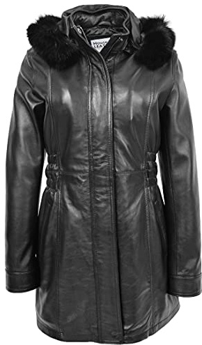 Womens Real Leather Coat Detachable Hoodie Parka Kathy (20, Black)