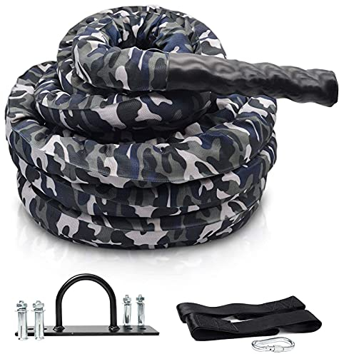 LKZL Kampfübungs-Trainingsseil mit Camo-Schutzhülle & Ankergurt-Kit für Home Gym Krafttraining & Cardio, Indoor Outdoor, Poly Dacron 2 Zoll Durchmesser (Size : 15m)