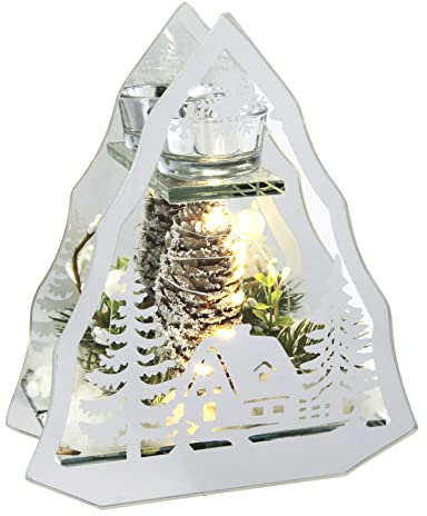 Flair Flower Dekoriertes Deko-Objekt aus Glas mit Tannenzweigen Tannenbaum und LED Licht Lampe Kerzenhalter Stimmungslicht Weihnachtsdeko Dekoration 3D Bild 20x14x6cm