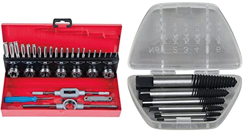 KS TOOLS Coffret De Jeux De Tarauds Et Filières - avec Mallette De Rangement Rouge en Acier Anti Rouille - Outtilage Mecanique Auto 32 Pièces & Jeu d'extracteurs de Goujons 6 pièces