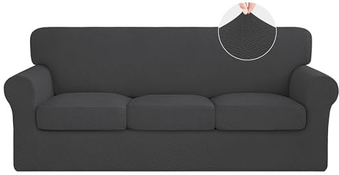 ISSUNTEX 4 Pieces High Stretch Thicken Couch Covers, Soft Sofa Slipcover for 3 Separate Cushion , Jacquard Fabric Elastic Furniture Protector for Dogs (Sofa, Dark Gray)