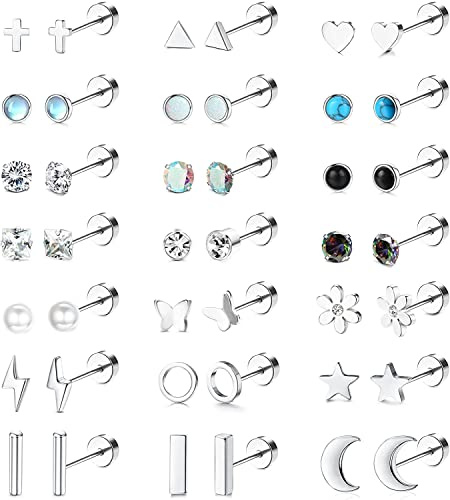 ADRAMATA 21 Paar Ohrstecker Chirurgenstahl Ohrringe 𝐒𝐜𝐡𝐰𝐚𝐫𝐳 für Damen Herren Winzige Knorpelohrringe Ohrstecker für Knorpel Tragus Daith Helix Ohrpiercing Flache Rückseite Ohrringe