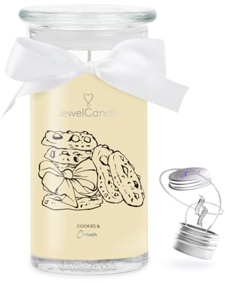 JuwelKerze Cookies & Cream Halskette Silber - Schmuckkerze 80 Std - große Duftkerze mit Orientalischem Duft - beige Kerze mit Schmuck Überraschung - Geschenke für Frauen, Geburtstag