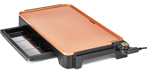 CRUX XL - Plancha eléctrica de titanio con revestimiento de cerámica antiadherente, asas de tacto frío y bandeja de goteo deslizable, parrilla interior para desayuno, huevos, panqueques y hamburguesas