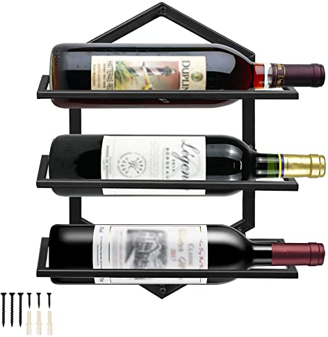 Portabottiglie da Parete in Metallo Calice Espositore per, Montaggio a Parete Portabottiglie Vino per 2 Bottiglie e 3 Bicchieri Conservazione, Bottiglie Supporti per Cucina Bar Display (Gold 1)