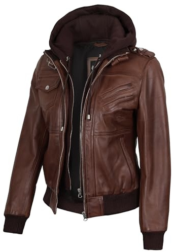 Blingsoul Hooded Womens Leather Jacket | [1315012] Edinburgh Cognac, S