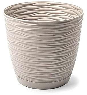 Acan Tradineur - Vaso rotondo con piatto, design Wind (Ø 15 cm) in plastica, per giardino esterno, terrazzo o balcone, colore: Beige