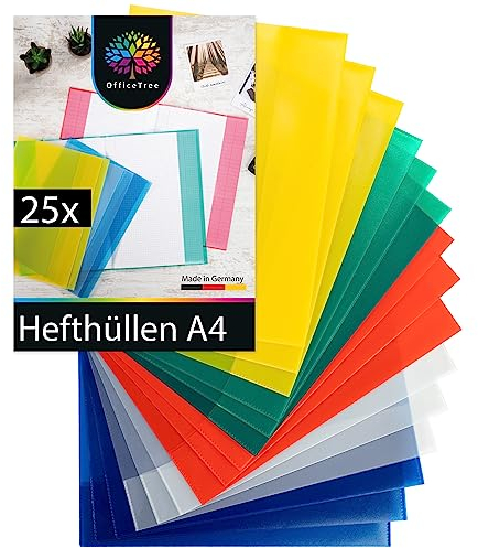 OfficeTree 25x Hefthüllen A4 Bunt - Heftumschläge A4 Bunt - Umschläge Heft - Heftschoner - Heftumschlag - Hefthülle - Umschläge für Schulhefte - Dokumentenecht
