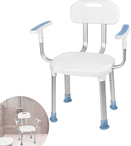 YRHome Duschhocker Duschstuhl Höhenverstellbar Anti-Rutsch mit Rückenlehne und Armlehnen Duschhilfe Duschsitz Badsitz Weiß