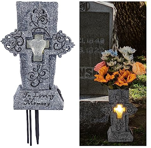 HUYIENO Solar Cemetery Vase with LED for Fresh/Artificial Flowers Grave Flower Cross Vase Headstones Vases with Spikes Gravestone Decor Memorial Gifts for Loss of Loved One