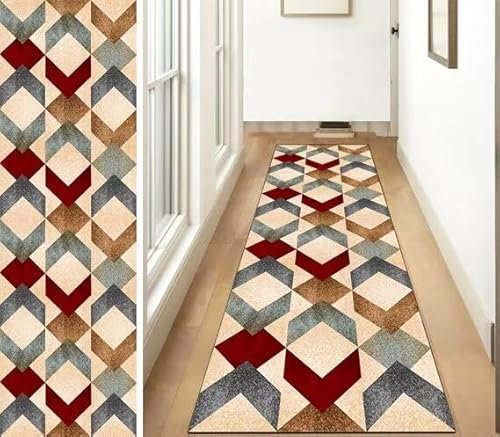Läufer Teppich Lang Flur rutschfest Rot Grau Braun Waschbar 80X240CM Modern Küchen Teppich Polyester Dauerhaft Schlafzimmer Carpet für Wohnzimmer Büro Esszimmer Küchen Polyester Meterware Anpassbar