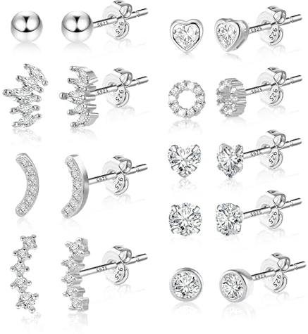ASH'S CHOICE Ohrstecker Silber 925 - 10 Paar Multipack Ohrringe für Damen Mit Zirkon Strass, Herz, Kugel, Blatt - Kleine Silber Ohrringe Set