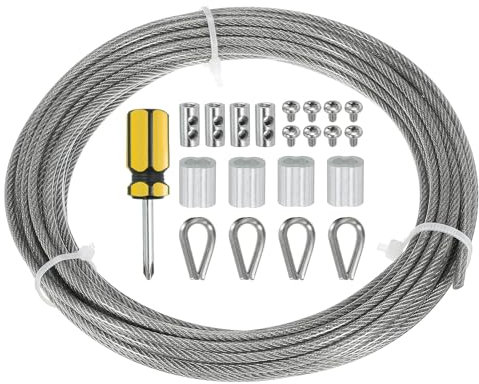 PATIKIL 1/8 Wire Cable, 33ft Stainless Steel Wire Rope with Loop Sleeve, Steel Thimble & Rope Clamp for Deck Railing, Outdoor Hanging, Garden Decorations
