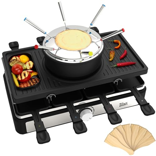 ZILAN Raclette Grill con fonduta|Dispositivo Raclette|8 persone|Barbecue da tavolo|Barbecue per feste|Grill elettrico|Griglia per raclette|Piastra in pietra naturale e rivestita|Elemento