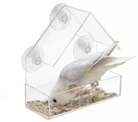 1 estación triangular de comedero para pájaros para ventanas, acrílico con ventosa para aves silvestres y mascotas (15 x 15 x 6 cm)