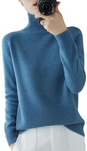 Suéter de punto de cuello alto sólido para mujer, suéter de punto acanalado de cachemira de lana cálida suelta de manga larga, azul, XL