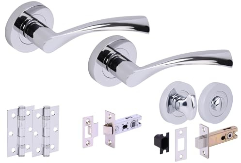 Hunta HANDLEZONE® Lobo Door Handles on Rose Bathroom Deadbolt Pack with 75mm Ball Bearing Hinges, 76mm Latch and Lock - Polished Chrome
