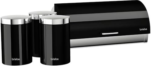 briebe Set Panera de Mesa + Juego de 3 Botes Cocina Almacenaje, Acero Inoxidable, Contenedor para Guardar Pan y Bollería,Tapa Deslizante, Diseño Moderno, Bread Box, Negro/Inox