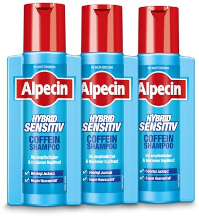 Alpecin Hybrid Coffein-Shampoo - 3 x 250 ml - Haarshampoo für Männer bei trockener, juckender Kopfhaut und Schuppen | Gegen erblich bedingten Haarausfall | Haarpflege für Männer