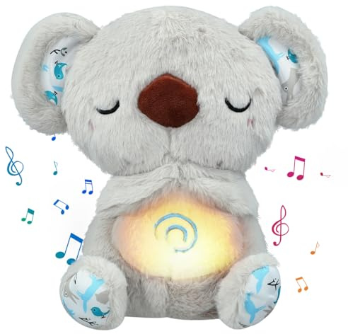 UrbanHomes Schlummer Koala Plüschtier, Beruhigender Atmender Koalabär, Schlafende Relief Plüsch Puppe für Baby Sound Geschenke, Upgrade-Version