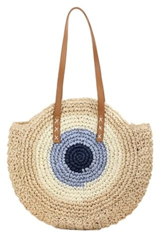 SUBLXPoten Strohtasche Große Kapazität, runder Reißverschluss, modische Strohtasche, handgefertigt, for Sommer, Strand, Reisen, Urlaub, Damentaschen(Cream-Coloured 1)