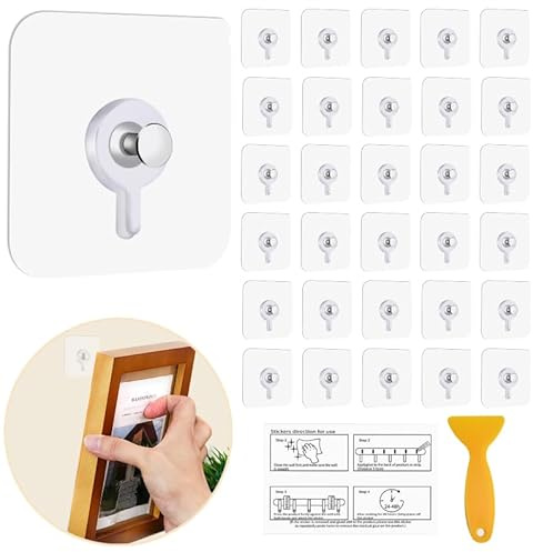 30PCS Bilderhaken Selbstklebend, Klebenagel Für Bilderrahmen, Klebehaken Bilder Aufhängen Ohne Bohren, Klebenägel Wand Mit Kleiner Schaber Für Dekorative Gemälde Fotos Bilderrahmen (5kg)