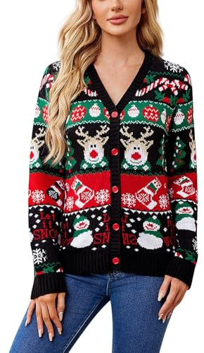 ZRYAZQ Weihnachts Strickjacke Damen Grobstrick mit Rentier Muster Weihnachts Cardigan Damen Bunt mit Knöpfen Weihnachten Strickjacken Für Frauen V Ausschnitt Strickmantel mit Weihnachtsmotive