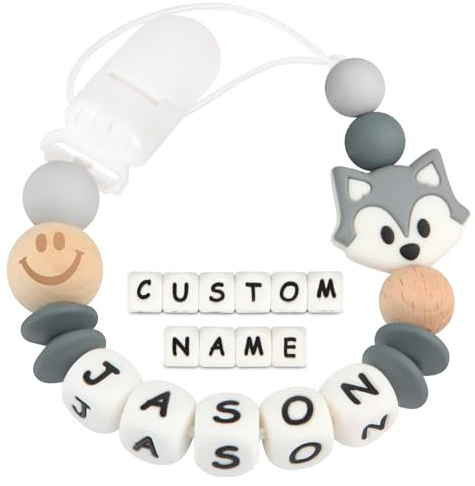 Kowlone Attache Sucette Nom Personnalisé Prenom Silicones Le renard Attache Tétine en Clips Chaîne pour Bébé Filles Garçons