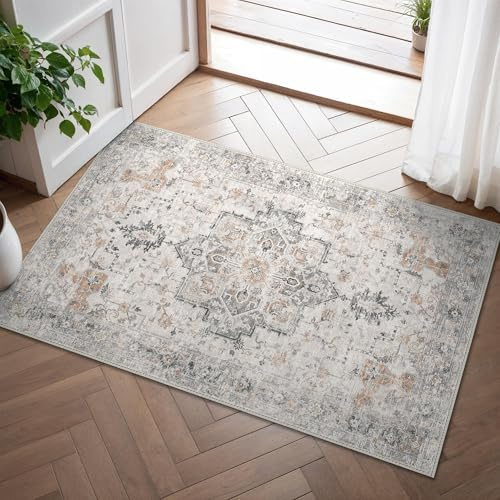 GENIMO Kleiner Vintage Teppich Taupe Beige für Flur, Waschbar, 60x90 cm | Weicher Kurzflor, Rutschfeste Rückseite, Pflegeleicht für Eingang und Korridor