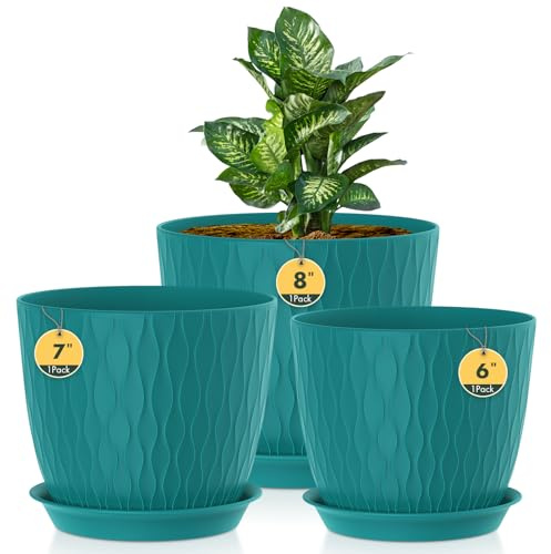 Homeuouz Lot de 3 pots de fleurs avec système d'irrigation, 20,3 cm/17,8 cm/15,2 cm, avec système d'irrigation, cache-pot avec soucoupe, idéal pour l'intérieur et les jardins de balcon, vert foncé