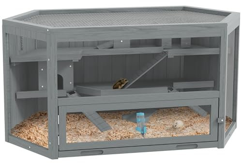 PawHut Hamsterkäfig aus Holz 3 Etagen Nagarium Nagerkäfig Kleintierkäfig mit klappbarem Deckel Sichtfenster Rampe Futternapf Zubehör, Kleintierstall Holzkäfig Käfig für Hamster 115x60x55cm Grau