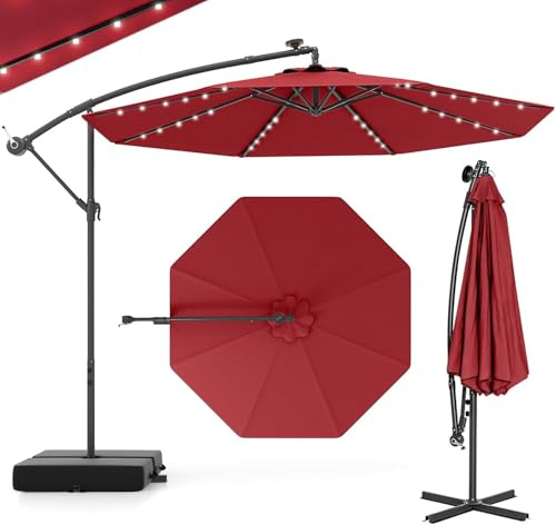 GOPLUS Parasol de Jardin Extérieur avec Pied, Parasol Déporté 3x3M, avec 40 Lampes Solaires, Toile Inclinable, Manivelle, 8 Baleines, Anti-UV, pour Terrasse Cour Patio (Bordeaux)