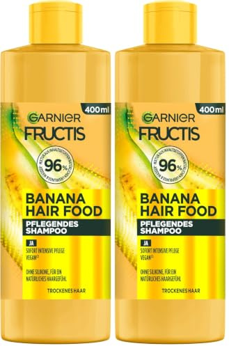 Garnier Fructis Bananen Shampoo, Für strapaziertes Haar, Sanfte Reinigung mit leichtem Schaum, Für mehr Geschmeidigkeit und gepflegtes Haar, Vegane Formel, Ohne Parabene, Hair Food, 3in1, 400ml