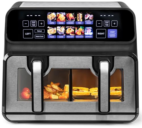 Sinaopus Dual Zone 9L-802TS Heißluftfritteuse, XXL Doppelkammer 2200W Heißluftfritteuse mit Trennwand, LED Touch Display, 8 Programme, 10-in-1 Heißluftfritteuse mit 2 Körben