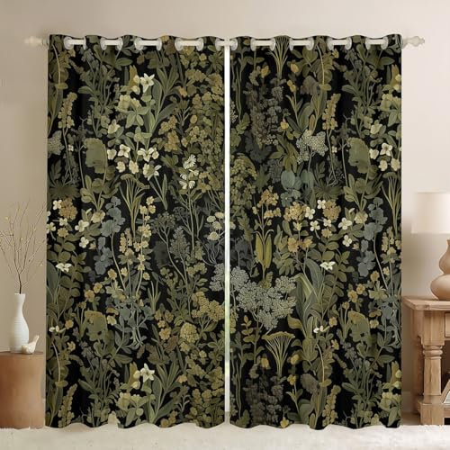 Manfei Retro Botanical Window Curtain,Dark Green Leaves Curtains Kids Teens Adult Bedroom Decor,Tropical Fern Plants Window Treatment Rustic Farmhouse Style 30-50% Blackout Drapes 2 Panels,46Wx72L