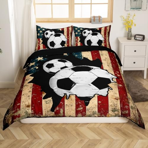 Loussiesd Juego de ropa de cama con diseño de balón de fútbol, para niños y niñas, funda de edredón con diseño de bandera vintage, funda de edredón con temática deportiva con 2 fundas de almohada, 3